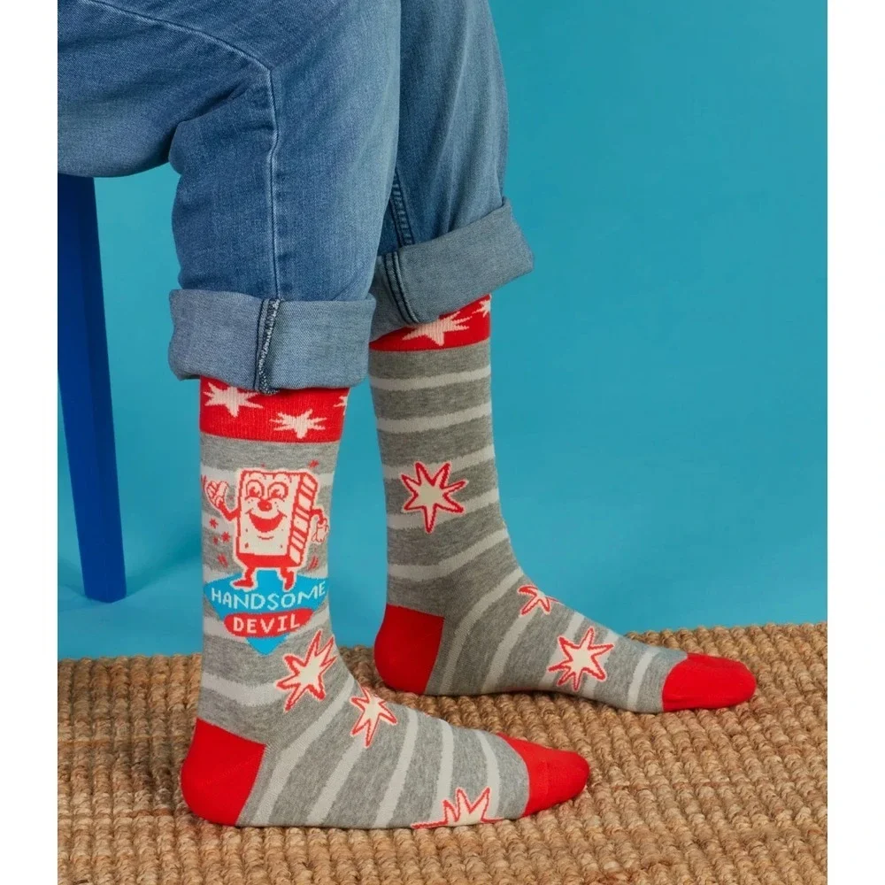 NWT Blue Q Mens Socks Handsome Devil Grey Red Striped Retro Graphic Novelty